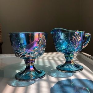 Blue carnival glass Vintage creamer and sugar bowl. Indiana glass Harvest grapes